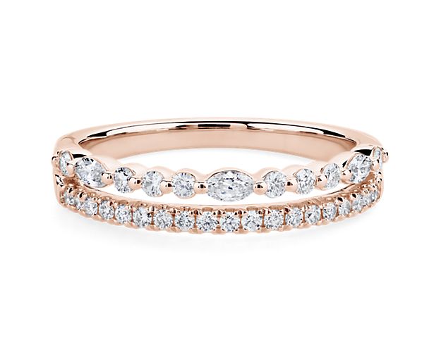 This ring shimmers with unique two-row style, with round-cut diamonds sparkling beautifully next to stunning marquise-cut diamonds. Featuring 14k rose gold design, it promises a look of timelessly luxurious beauty.