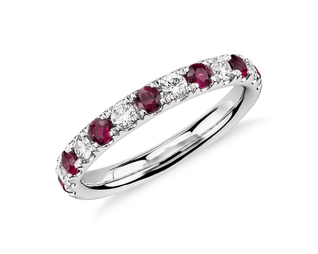 Brilliant and timeless, the Riviera ruby and diamond band features alternating stones pavé set in enduring platinum, the perfect wedding or anniversary ring for the woman who appreciates a touch of vibrant color.