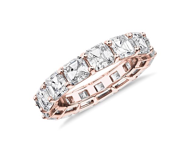 This lab grown diamond asscher-cut eternity ring celebrates the brilliance of love, surrounded by the timeless shine of 14k rose gold.