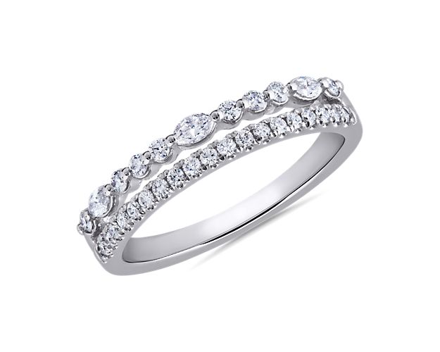 This ring shimmers with unique two-row style, with round-cut diamonds sparkling beautifully next to stunning marquise-cut diamonds. Featuring 14k white gold design, it promises a look of timelessly luxurious beauty.