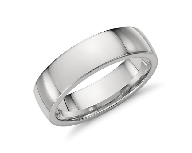 Styled for a modern look, this platinum, low-dome comfort-fit wedding ring has a premium-weight feel. The contemporary low-profile outside and gently curved interior edges make for everyday comfortable wear and the platinum has a high polish finish that will gain a beautiful patina with wear.