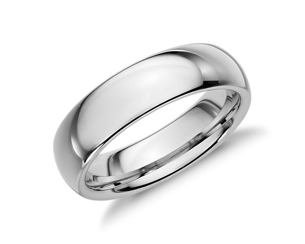 This wedding ring in durable white tungsten carbide lends a modern twist to a classic look.