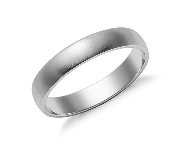 Simply classic, this 14k white gold wedding band features a low profile silhouette, modern brushed finish and a lighter overall weight for comfortable everyday wear.