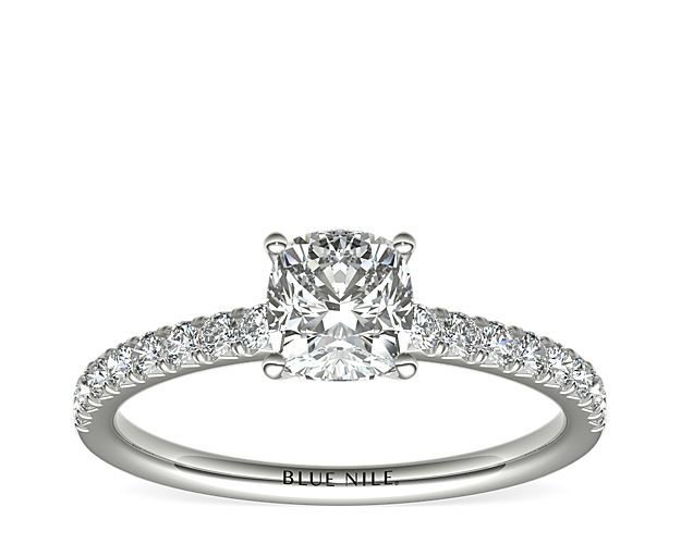 Eyes will be fixated on this immaculate platinum diamond engagement ring, showcasing French pavé-set diamonds that complement your choice of center diamond.