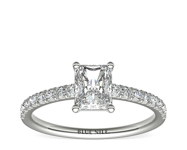 Eyes will be fixated on this immaculate platinum diamond engagement ring, showcasing French pavé-set diamonds that complement your choice of center diamond.