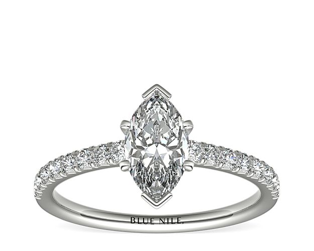 Eyes will be fixated on this immaculate platinum diamond engagement ring, showcasing French pavé-set diamonds that complement your choice of center diamond.