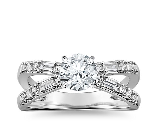 Featuring a sophisticated geometric pattern of fancy-shape diamonds set in a 14k white gold band, this crisscross dot dash diamond engagement ring setting is captivating in both design and sparkle.