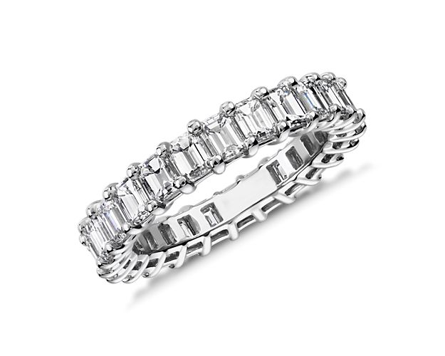 A continuous circle of emerald-cut diamonds gives this 3 ct. tw. eternity ring a modern sophistication. Works beautifully as a wedding ring or anniversary gift. Add it to a stack of other eternity rings for an on-trend right hand look.