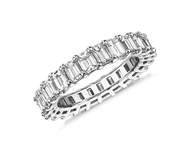 A continuous circle of emerald-cut diamonds gives this 4 ct. tw. eternity ring a modern sophistication. Works beautifully as a wedding ring or anniversary gift. Add it to a stack of other eternity rings for an on-trend right hand look.