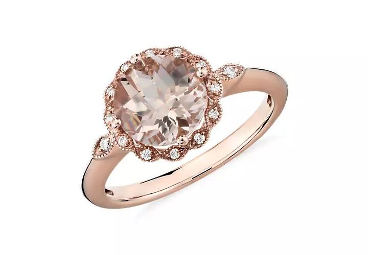 A morganite and diamond pave ring with floral details set in rose gold